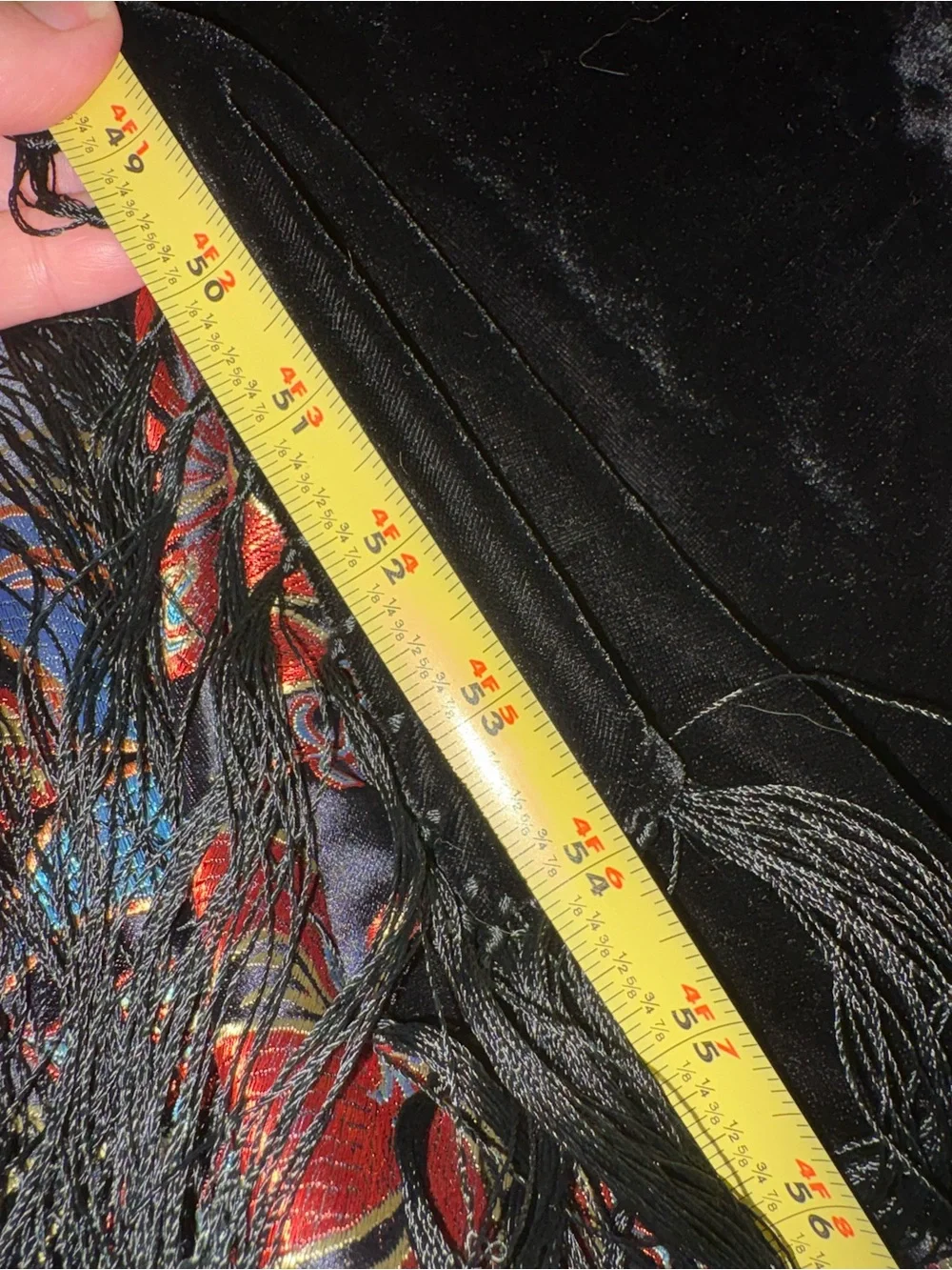 black floral embroidered silk like boho shawl featuring long fringe trim